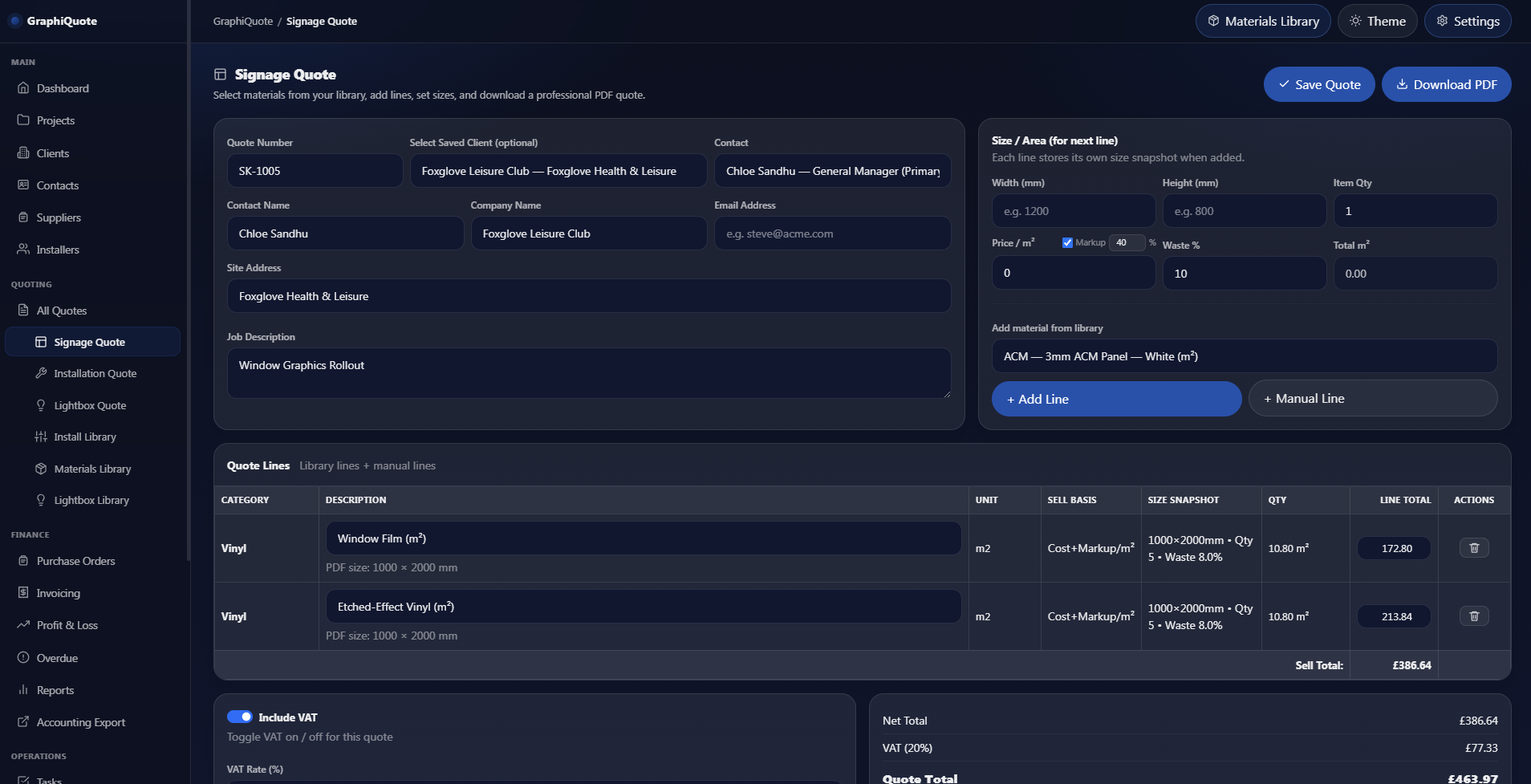 GraphiQuote sign quoting and estimating software with quote line items and pricing in dark mode
