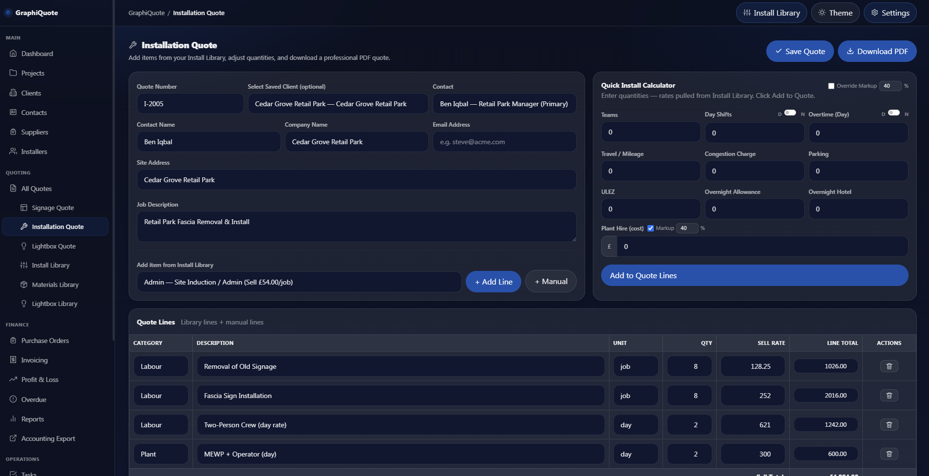 GraphiQuote sign installation estimating software with labour, plant and travel costs in dark mode