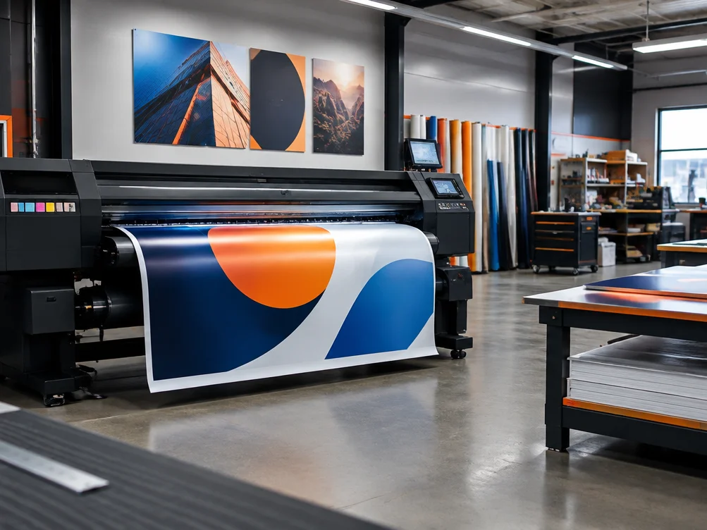 Modern signage workshop with wide-format printer producing printed graphics